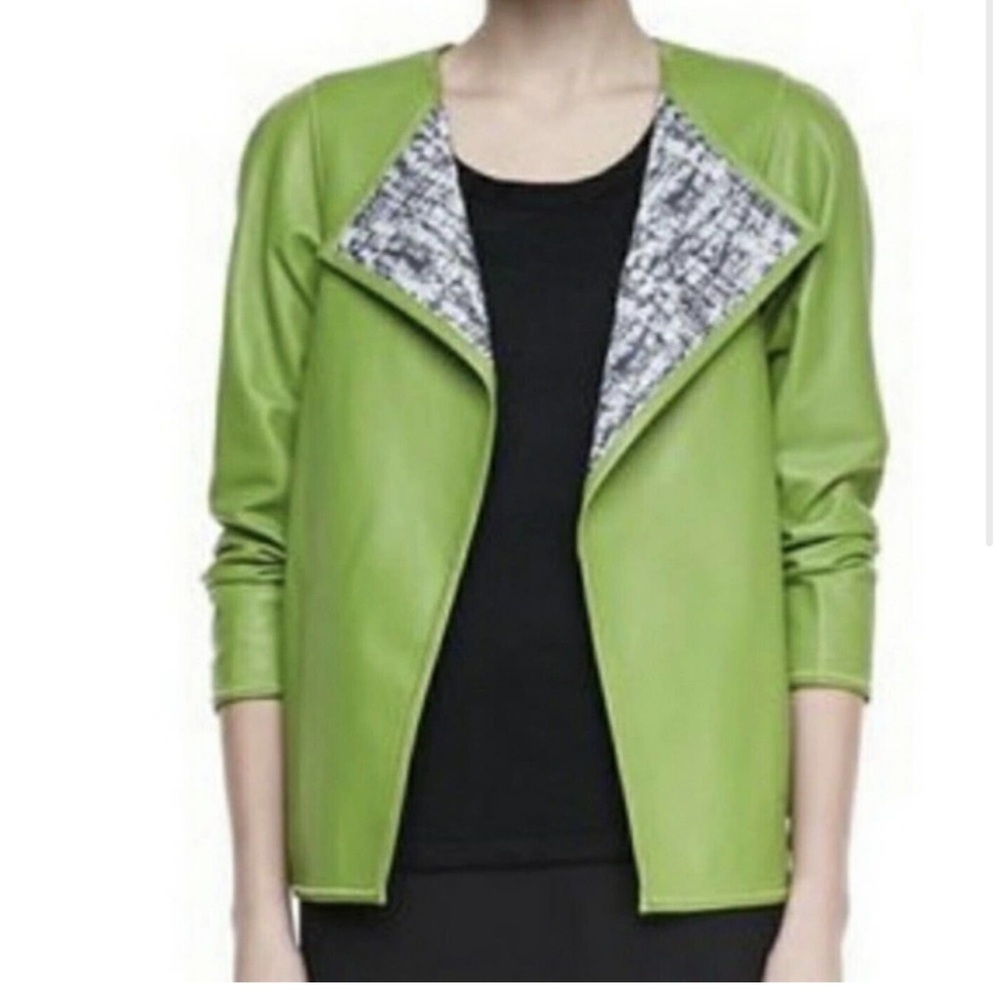 Lafayette 148 100% leather Olive Green Open Front Jacket - Picture 3 of 13